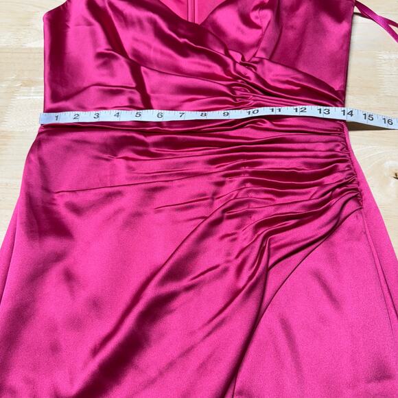 Mac Duggal NWT Pink Satin Ruched V-Neck Faux Wrap Midi Dress Size 4 Sleeveless - Picture 8 of 10